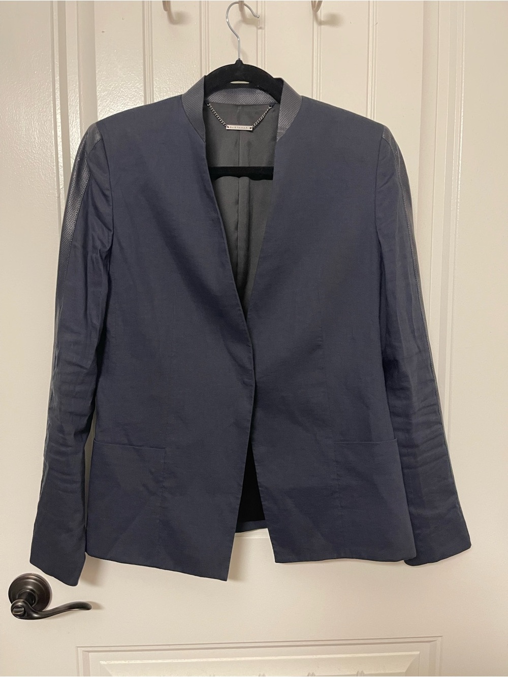 Elie Tahari Navy Open-Front Blazer linen blend Jacket with lamb leather trim